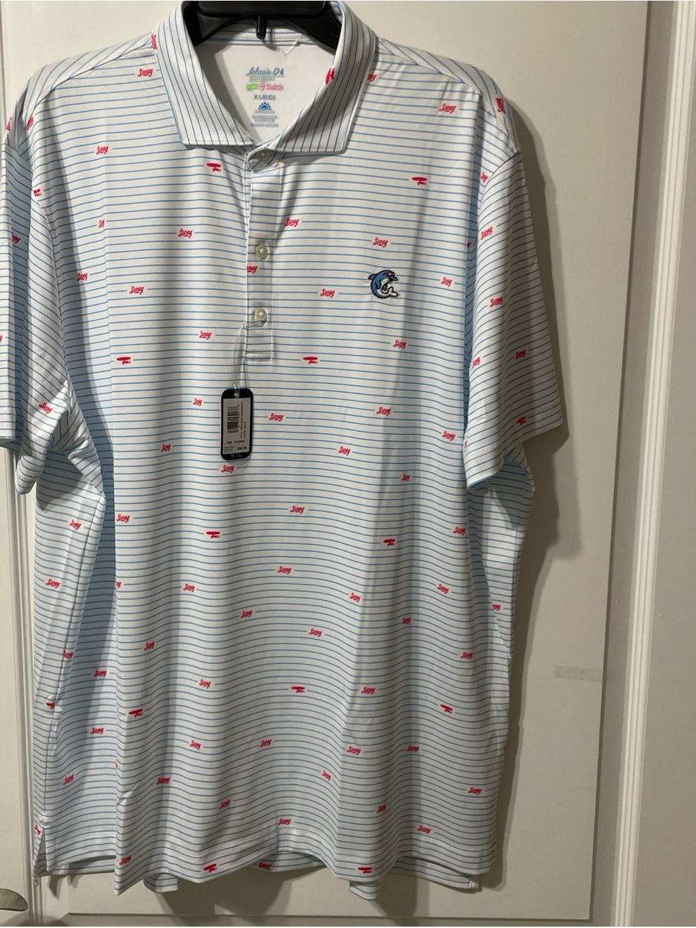 NWT Swag Golf Johnnie-O Polo Flipper Shirt Size XL Blue White Stripe Sold out